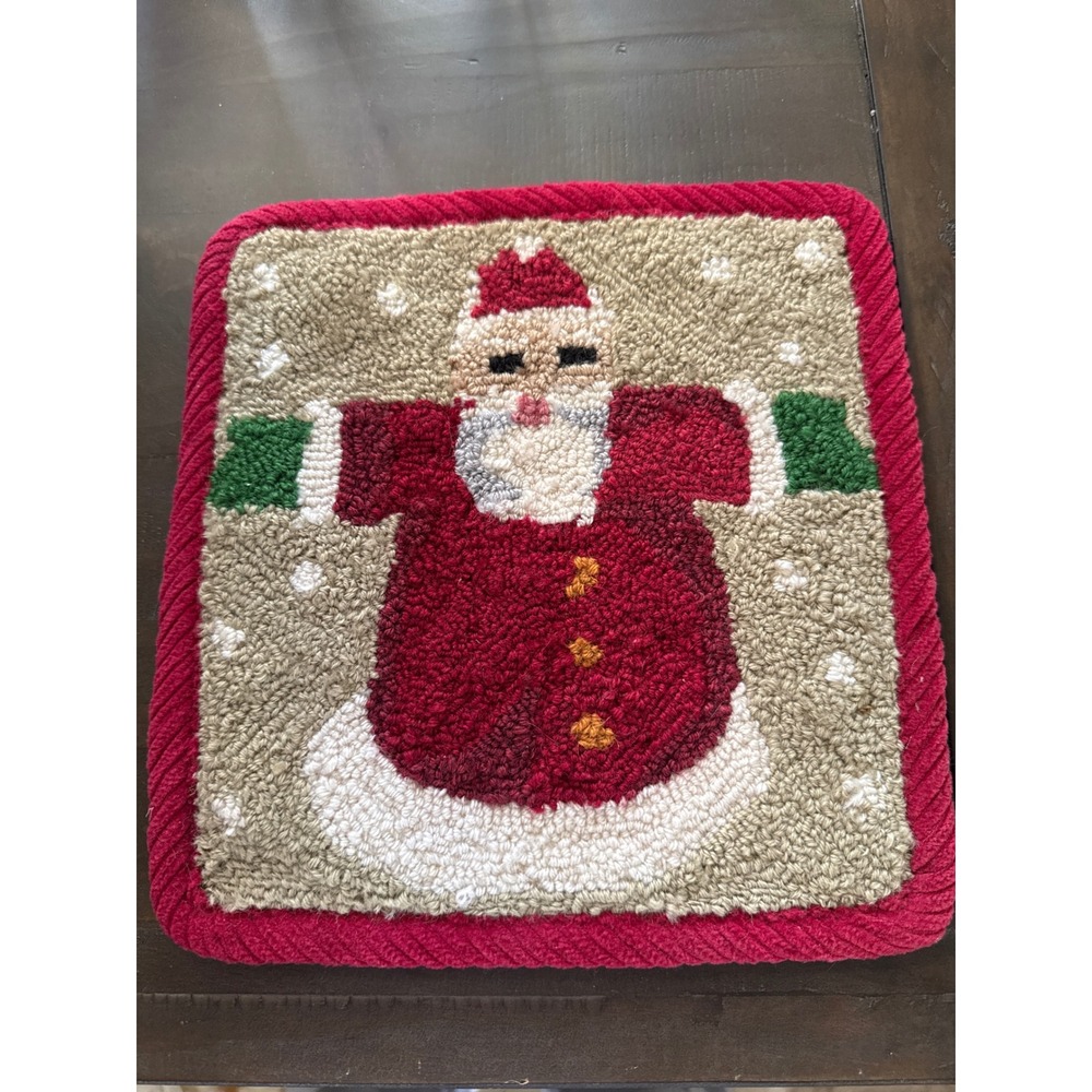 Primitive Hooked Wool Santa Claus Christmas Potholder Red Corduroy Back 8.5"